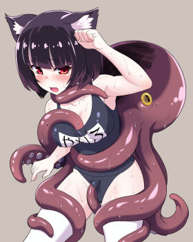 1girl animal_ears azur_lane black_hair blunt_bangs blush breasts cat_ears cleavage commentary_request cowboy_shot fang female_focus grey_background groping highres kanabuso medium_breasts octopus octopus_tentacles one-piece_swimsuit open_mouth red_eyes restrained school_uniform short_hair simple_background solo swimsuit tentacles thighhighs wet white_thighhighs yamashiro_(azur_lane) yamashiro_(summer_offensive?)_(azur_lane)
