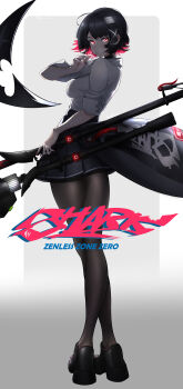 1girl absurdres black_hair black_shoes blue_skirt breasts brown_pantyhose candy colored_inner_hair commentary copyright_name dated ellen_joe ellen_joe_(on_campus) english_text fins fish_tail food from_behind full_body glowing glowing_eyes gradient_background grey_background highres holding holding_candy holding_food holding_lollipop holding_weapon lollipop lollipop_in_mouth looking_at_viewer looking_back medium_breasts mole mole_under_eye multicolored_hair official_alternate_costume pantyhose razor_blade_hair_ornament red_eyes red_nails shark_girl shark_tail shirt shoes short_hair skirt sleeves_rolled_up solo symbol-only_commentary tail weapon white_background white_shirt xm_(rvgj8487) zenless_zone_zero