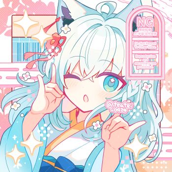 1girl ;o ahoge animal_ear_fluff animal_ears blue_eyes blue_sash blush commentary commission crossed_bangs double_fox_shadow_puppet fox_ears fox_girl fox_shadow_puppet fox_tail hair_intakes hands_up highres hololive japanese_clothes kimono long_hair long_sleeves looking_at_viewer obi one_eye_closed open_mouth portrait sash shirakami_fubuki shirocha_tei skeb_commission solo sparkle tail twitter_username virtual_youtuber watermark white_hair white_kimono wide_sleeves