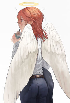 1boy androgynous angel angel_devil_(chainsaw_man) angel_wings belt chainsaw_man commentary cowboy_shot cup disposable_cup drink drinking drinking_straw drinking_straw_in_mouth english_commentary feathered_wings formal_clothes from_behind gloves hair_between_eyes halo hand_up highres holding holding_cup holding_drink holding_unworn_clothes holding_unworn_jacket jacket long_hair long_sleeves looking_ahead male_focus red_eyes red_hair shirt shirt_tucked_in solo traditional_halo unworn_jacket white_gloves white_shirt white_wings wings yano_sou