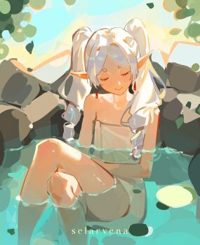 1girl artist_name bathing closed_eyes closed_mouth commentary crossed_legs earrings elf flat_chest frieren highres jewelry legs long_hair naked_towel onsen pointy_ears selarvena smile solo sousou_no_frieren thick_eyebrows towel water