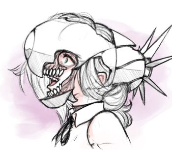 1girl black_ribbon bomb_devil_(chainsaw_man) chainsaw_man collared_shirt from_side green_eyes grey_hair highres neas57 neck_ribbon open_mouth reze_(chainsaw_man) ribbon shirt sleeveless sleeveless_shirt solo white_shirt