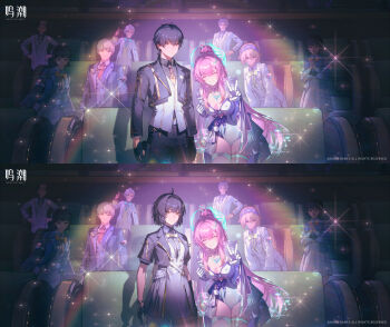 Rule 34 | 1boy, 2girls, absurdres, aemeath (wuthering waves), black hair, black jacket, black pants, breasts, chinese commentary, cleavage, closed eyes, commentary request, dress, elbow gloves, facing viewer, female rover (perpetual spark) (wuthering waves), female rover (wuthering waves), glitch, gloves, grin, hair ornament, highres, indoors, jacket, leotard, logo, long hair, looking at viewer, male rover (perpetual spark) (wuthering waves), male rover (wuthering waves), medium breasts, multiple girls, official art, pants, people, pink hair, ponytail, rover (wuthering waves), smile, strapless, strapless leotard, tacet mark (wuthering waves), thighs, v, white dress, white gloves, white leotard, wuthering waves