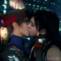 2girls 3d animated armor artist_name black_hair brown_hair drills3d_studio earrings final_fantasy final_fantasy_vii final_fantasy_vii_remake fingerless_gloves french_kiss gloves hairdressing headband jessie_rasberry jewelry kiss long_hair multiple_girls ponytail saliva saliva_trail square_enix tank_top tifa_lockhart video yuri