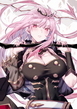 1girl absurdres armpit_crease belt black_cape black_dress black_nails black_tiara blush braid breasts cape cleavage closed_mouth commentary detached_sleeves dress fingernails highres holding hololive hololive_english kamiya_maneki large_breasts long_hair long_sleeves looking_at_viewer mori_calliope mori_calliope_(1st_costume) nail_polish pink_eyes pink_hair see-through_clothes see-through_sleeves see-through_veil shoulder_spikes signature simple_background single_braid single_detached_sleeve solo spikes tiara twitter_username veil virtual_youtuber white_background white_belt white_veil