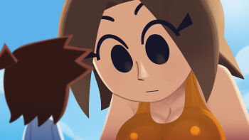 1boy 1girl ahoge black_eyes breasts brown_hair cleavage closed_mouth commentary day did_you_want_to_talk?_(meme) english_commentary expressionless eyelashes giant giantess highres looking_at_another looking_at_breasts looking_down meme mii_(nintendo) mii_gunner mob_face nintendo no_lineart orange_shirt parody scott_falco shirt size_difference sky sleeveless solid_oval_eyes tank_top tomodachi_life tomodachi_life:_living_the_dream