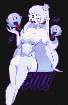 1girl arm_support artist_name bare_shoulders black_background boo_(mario) breasts cleavage collar collarbone colored_skin commentary covered_navel cresscin crown earrings elbow_gloves english_commentary english_text fingernails frilled_collar frills ghost gloves highres jewelry large_breasts leotard long_fingernails long_hair looking_at_viewer mario_(series) narrow_waist nintendo one_eye_closed open_mouth parted_lips pointy_ears princess_king_boo red_eyes red_lips sharp_teeth simple_background sitting skindentation solo sphere_earrings strapless strapless_leotard super_crown teeth thighhighs tongue tongue_out very_long_hair white_skin