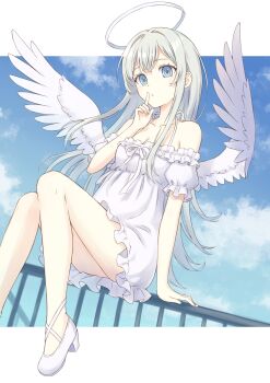 104_(luins104) 1girl angel angel_wings blue_eyes blue_sky breasts cleavage commentary_request dress feathered_wings finger_to_mouth grey_hair halo halterneck highres long_hair looking_at_viewer low_neckline medium_breasts on_railing original parted_lips railing shoes short_dress sitting sky solo white_dress white_shoes white_wings wings