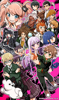 Rule 34 | 6+boys, 6+girls, absurdres, anniversary, asahina aoi, black hair, blue eyes, blue hair, blunt bangs, blush, braid, brown hair, card, celestia ludenberg, commentary request, crystal ball, danganronpa: trigger happy havoc, danganronpa (series), drill hair, enoshima junko, eyelashes, facial hair, finger gun, freckles, fujisaki chihiro, fukawa toko, gakuran, glasses, goatee, green eyes, grin, hagakure yasuhiro, highres, holding, holding card, hood, hood down, hoodie, ikusaba mukuro, ishimaru kiyotaka, kirigiri kyoko, kuwata leon, long skirt, maizono sayaka, monokuma, multiple boys, multiple girls, naegi makoto, ogami sakura, orange hair, owada mondo, pannomimi0301, pompadour, purple hair, red nails, red ribbon, ribbon, round eyewear, safety pin, sailor collar, school uniform, short hair, skirt, smile, spoilers, togami byakuya, trap, twin drills, twintails, yamada hifumi