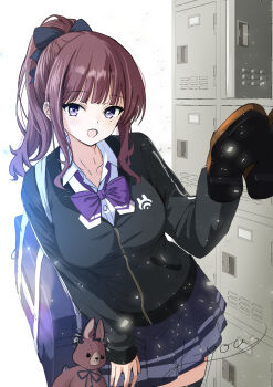 1girl :o animal_charm arm_at_side artist_name bag bag_charm black_bow black_jacket blue_bag bow bowtie breasts brown_hair charm_(object) collared_shirt commentary_request cowboy_shot hair_bow hand_on_own_thigh hand_up highres holding holding_shoes holding_unworn_clothes jacket k-yous large_breasts locker locker_room medium_hair miniskirt mole mole_under_eye natsuki_karin open_mouth partially_unzipped pleated_skirt ponytail purple_bow purple_bowtie purple_eyes purple_skirt school_bag school_uniform shirt shoes shoulder_bag sidelocks signature skirt solo standing synthesizer_v unworn_shoes white_background white_shirt
