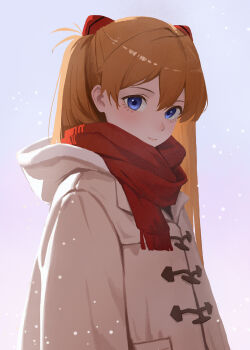 1girl blue_eyes brown_hair coat duffel_coat hair_between_eyes highres hood hooded_coat interface_headset_(evangelion) long_hair looking_at_viewer neon_genesis_evangelion red_scarf remon_popu scarf snow snowing souryuu_asuka_langley winter winter_clothes winter_coat