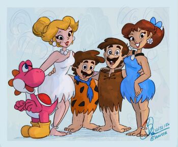 animal_print bad_tag barefoot barney_rubble bberetd betty_rubble blonde_hair brown_hair cosplay dino__(the_flintstones) dinosaur freckles fred_flintstone hanna-barbera highres luigi mario mario_(series) nintendo prehistoric princess_daisy princess_peach the_flintstones warner_bros. wilma_flintstone yoshi