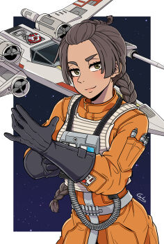 1girl absurdres adjusting_clothes adjusting_gloves astromech_droid black_gloves braid brown_hair commentary dark-skinned_female dark_skin english_commentary galois garrison_cap gloves green_eyes hair_pulled_back hat highres jumpsuit kendy_idele lips long_hair lost_stars_(star_wars) orange_jumpsuit rebel_alliance_(star_wars) signature smile solo space spacecraft star_wars starfighter thick_eyebrows upper_body very_long_hair x-wing