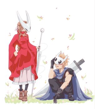 1boy 1girl aerith_gainsborough armor armored_gloves baggy_pants black_pants black_socks black_swan_(e.g.o) blonde_hair blue_cloak boots braid braided_ponytail breasts brown_boots brown_hair buster_sword cloak cloud_strife cosplay dress e.g.o_(project_moon) final_fantasy final_fantasy_vii final_fantasy_vii_remake hair_ribbon highres holding holding_sword holding_weapon hollow_knight hollow_knight:_silksong hornet_(hollow_knight) hornet_(hollow_knight)_(cosplay) knight_(hollow_knight) knight_(hollow_knight)_(cosplay) long_dress medium_breasts needle_(hollow_knight) needle_sword pants parted_bangs parted_lips pauldrons pink_dress pink_ribbon red_dress ribbon shanlieart short_hair shoulder_armor sidelocks single_braid single_pauldron socks spiked_hair squatting sword weapon weapon_on_back