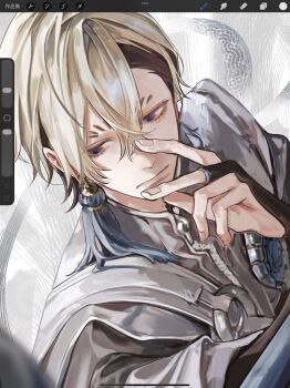 1boy art_program_in_frame black_hair blue_eyes closed_mouth earrings fingerless_gloves fingernails gachiakuta gloves hair_between_eyes hand_on_own_face hashtag-only_commentary highres jewelry looking_to_the_side male_focus multicolored_hair short_hair solo two-tone_hair wolfjamescamer1 zanka_nijiku zipper zipper_pull_tab