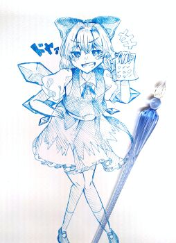 1girl absurdres blue_bow blue_eyes blue_hair blue_shoes blue_vest blush bow buttons cirno collared_shirt commentary dress_shirt fairy glass_pen grin hair_bow hand_on_own_hip highres holding holding_paper ice ice_wings large_bow looking_at_viewer neck_ribbon nose_blush paper ribbon shirt shoes short_hair short_sleeves smile smug socks solo sparkling_eyes standing test_score touhou traditional_media user_ycnn5725 vest white_shirt white_socks wings