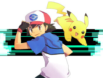 1boy adjusting_clothes adjusting_headwear ash_ketchum baseball_cap black_hair brown_eyes commentary_request fingerless_gloves gen_1_pokemon gloves hand_on_headwear hat hood hood_down hoodie isumimax looking_at_another looking_back male_focus nintendo open_mouth pikachu pokemon pokemon_(anime) pokemon_(creature) pokemon_bw_(anime) short_hair short_sleeves smile v-shaped_eyebrows