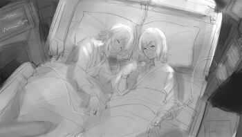 2girls bandaged_arm bandaged_hand bandages bed bracelet closed_eyes commentary_request gumi hair_ornament hairclip head_on_pillow high_heels hospital_bed intravenous_drip jewelry kagamine_rin medium_hair multiple_girls pillow pulse_oximeter short_hair sleeping under_covers vocaloid wounds404 yuri