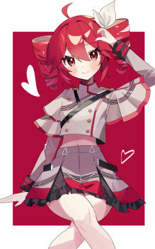 1girl ahoge belt black_belt border bow coco_irasuto cropped_legs double-parted_bangs drill_hair flat_chest grey_jacket grey_skirt hair_between_eyes hair_bow hair_ribbon highres jacket kasane_teto kasane_teto_(sv) layered_sleeves long_sleeves midriff_peek navel red_eyes red_hair ribbon shoulder_belt shoulder_boards sitting skirt skirt_set solo striped_clothes striped_jacket synthesizer_v three-quarter_sleeves twin_drills utau white_border white_bow white_ribbon