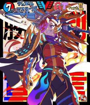 Rule 34 | 1girl, armor, black pants, clenched teeth, commentary request, duel masters, duel masters gt, fake trading card, fingerless gloves, fire, glenglassaugh (duel masters), gloves, gradient clothes, hair over one eye, high ponytail, highres, holding, holding sword, holding weapon, long hair, multicolored hair, murakami hisashi, orange trim, over shoulder, pants, ponytail, purple eyes, purple hair, purple scarf, red hair, red shirt, scarf, shirt, shoulder armor, smile, solo, sword, teeth, translation request, vambraces, weapon, weapon over shoulder