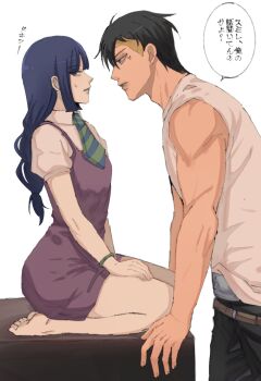 1boy 1girl barefoot belt_buckle black_hair blonde_hair blue_hair boruto:_two_blue_vortex bracelet braid buckle commentary_request diagonal-striped_clothes diagonal-striped_necktie dress facial_tattoo highres ifevilwhyuhot jewelry kakei_sumire kawaki_(boruto) multicolored_hair muscular muscular_male naruto_(series) necktie puffy_short_sleeves puffy_sleeves purple_dress shirt short_dress short_necktie short_sleeves sitting sleeveless sleeveless_shirt striped_clothes tattoo translation_request two-tone_hair undercut wariza white_shirt