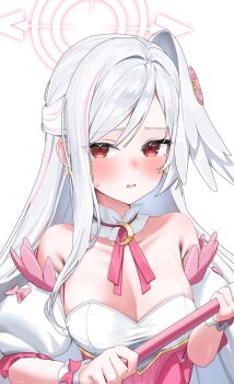 1girl absurdres bare_shoulders blue_archive blush breasts commentary_request crescent detached_sleeves dress earrings embarrassed hair_ornament halo head_wings highres holding holding_staff holding_wand jewelry long_hair magical_girl medium_breasts official_alternate_costume parted_lips pink_dress puffy_sleeves purple_halo red_eyes simple_background single_head_wing single_wing solo staff suzumi_(blue_archive) suzumi_(magical)_(blue_archive) tokk1 upper_body wand white_background white_hair white_wings wing_ornament wings wrist_cuffs