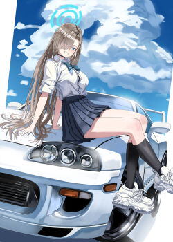 1girl absurdres asuna_(blue_archive) asuna_(school_uniform)_(blue_archive) black_socks blue_archive blue_eyes blue_skirt blue_sky breasts brown_hair car cleavage halo highres irv_v12 long_hair looking_at_viewer motor_vehicle official_alternate_costume puffy_short_sleeves puffy_sleeves shirt short_sleeves sitting skirt sky socks solo toyota toyota_supra white_shirt