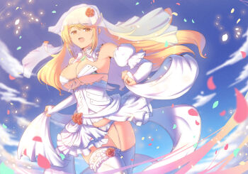 1girl bikini blonde_hair breasts bridal_bikini bridal_legwear bridal_lingerie bridal_veil bride cat_with_a_brush chest_jewel commentary_request core_crystal_(xenoblade) corset detached_sleeves dress flower garter_belt hair_flower hair_ornament highres holding_sash jewelry large_breasts leaf lingerie long_hair looking_at_viewer mythra_(xenoblade) nontraditional_wedding_dress open_mouth pink_flower pink_rose puffy_detached_sleeves puffy_sleeves ribbon ring rose sash solo swept_bangs swimsuit thick_thighs thighhighs thighs underwear veil wedding_dress white_bikini white_corset white_garter_belt white_ribbon white_thighhighs xenoblade_chronicles_(series) xenoblade_chronicles_2 yellow_eyes