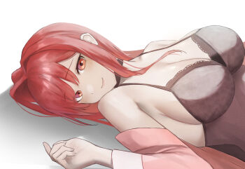 1girl absurdres babydoll black_babydoll breasts cleavage commentary_request from_side goddess_of_victory:_nikke highres jacket large_breasts long_hair looking_at_another looking_at_viewer lying miyure_(voyakl) official_alternate_costume on_back pink_jacket rapi_(nikke) rapi_(red_hood)_(cherished_red)_(nikke) rapi_(red_hood)_(nikke) red_eyes red_hair simple_background smile solo white_background