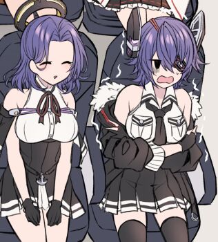 Rule 34 | 2girls, airplane interior, black gloves, black skirt, black thighhighs, breast pocket, breasts, collared shirt, commentary request, dress shirt, gloves, halo, headgear, kabocha torute, kantai collection, large breasts, mechanical halo, multiple girls, pleated skirt, pocket, purple hair, shirt, short hair, sitting, skirt, tatsuta (kancolle), tatsuta kai ni (kancolle), tenryuu (kancolle), tenryuu kai ni (kancolle), thighhighs, trembling, white shirt