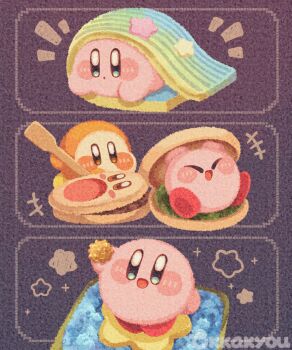 +++ :d blue_eyes blush_stickers brown_eyes closed_eyes commentary_request food highres in_food kirby kirby_(series) monaka_(food) nintendo no_humans notice_lines open_mouth purple_background signature smile star_(symbol) tokkakyou waddle_dee wagashi