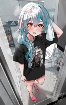 1other adidas after_bathing ambiguous_gender androgynous bidet cabinet earrings floor grey19940316 highres indie_virtual_youtuber jewelry looking_at_viewer mirror naked_shirt parted_lips plunger qingdeng_(vtuber) red_eyes shampoo shirt slippers steam sweat teeth toilet towel upper_teeth_only virtual_youtuber white_hair