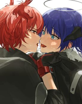 2girls absurdres after_kiss animal_ears arknights bird_ears black_gloves black_jacket blue_eyes blush commentary_request demon_horns eternalpillow04 eye_contact fiammetta_(arknights) gloves halo highres horns jacket looking_at_another mostima_(arknights) multiple_girls red_eyes red_hair saliva saliva_trail short_hair simple_background sweat tongue tongue_out white_background yuri