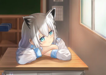 1girl absurdres animal_ear_fluff animal_ears blurry blurry_background blush braid commentary_request crossed_arms fox_ears fox_girl green_eyes grey_hair hair_between_eyes highres hololive huri_illust indoors leaning_on_table long_hair looking_at_viewer school_uniform serafuku shirakami_fubuki sidelocks single_braid smile solo table virtual_youtuber white_hair white_serafuku window