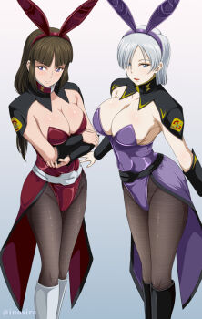 Rule 34 | 2girls, animal ears, artist name, black footwear, blue background, blue eyes, boots, breasts, brown hair, brown pantyhose, cleavage, closed mouth, collarbone, commentary request, crossed arms, ezalia joule, fake animal ears, full body, gradient background, grey hair, gundam, gundam seed, gundam seed freedom, hairband, highres, inoshira, knee boots, large breasts, leotard, multiple girls, pantyhose, playboy bunny, purple hairband, purple leotard, rabbit ears, red hairband, red leotard, shiho hahnenfuss, short hair, standing, watermark, white background, white footwear