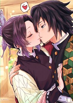 1boy 1girl absurdres black_hair black_jacket blue_eyes breasts butterfly_hair_ornament chiroru_shimai closed_mouth commentary_request demon_slayer_uniform hair_ornament haori heart highres jacket japanese_clothes kimetsu_no_yaiba kochou_shinobu large_breasts long_hair long_sleeves looking_at_another multicolored_hair parted_bangs purple_eyes purple_hair short_hair smile spiked_hair spoken_heart tomioka_giyuu