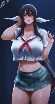 1girl absurdres alvsdraws blush breasts brown_eyes clothing_cutout commentary flying_sweatdrops hanebado! hanesaki_uchika highres large_breasts mature_female navel plaid_clothes plaid_skirt school_uniform signature skirt solo stomach stomach_cutout thighs undersized_clothes