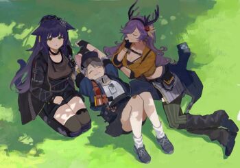 3girls ^_^ almond_(arknights) animal_ears arknights black_boots black_collar black_gloves black_hairband black_horns black_jacket black_shorts black_skirt blue_jacket boots breasts brown_shirt charm_(object) cleavage closed_eyes closed_mouth coldshot_(arknights) collar commentary dappled_sunlight day english_commentary fingerless_gloves gloves grass green_eyes grey_hair grin hair_over_one_eye hairband horns jacket jessica_(arknights) jessica_the_liberated_(arknights) k-yosinori knee_boots kneehighs long_hair long_sleeves looking_at_viewer lying medium_breasts multiple_girls on_back on_grass on_ground one_eye_covered open_clothes open_jacket outdoors outstretched_arms parted_lips plant pouch purple_hair purple_tail shirt short_hair shorts sitting skirt smile socks stretching sunlight t-shirt tail visor_cap white_socks