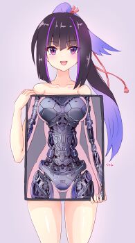 1girl absurdres android blush breasts commission completely_nude happy highres holding karasuba_(prima_doll) long_hair looking_at_viewer machine mechabare medium_breasts metal multicolored_hair nude open_mouth pixiv_commission prima_doll_(anime) purple_eyes rasen_manga ribbon robot_girl screen simple_background skeleton smile solo x-ray