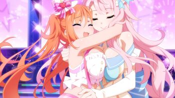 2girls ayu_(sakura_succubus) breast_press breasts game_cg happy highres hug idol_clothes large_breasts long_hair multiple_girls off_shoulder official_art orange_hair pink_hair sakura_succubus shizuru_(sakura_succubus) smile stage stage_lights symmetrical_docking twintails wanaca