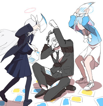 1boy 2girls absurdres aqua_hair arona_(blue_archive) belt black_coat black_necktie black_serafuku black_skirt blue_archive blue_serafuku blue_skirt business_suit coat colored_inner_hair commentary_request covering_face doodle_sensei_(blue_archive) faceless faceless_female faceless_male formal_clothes full_body gameplay_mechanics hairband halo highres hitting holding holding_paper long_hair long_sleeves looking_at_another multicolored_hair multiple_girls necktie open_clothes open_coat paper parted_bangs plana_(blue_archive) pleated_skirt school_uniform sensei_(blue_archive) serafuku shirt shoes short_hair sidelocks simple_background sitting skirt sneakers standing suit two-tone_hair user_yjue3775 white_background white_hair white_shirt
