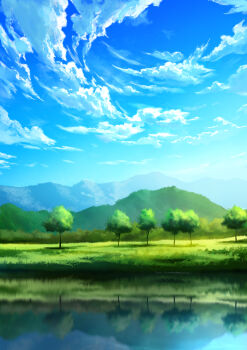 absurdres blue_sky cloud commentary_request day highres hill lake mountainous_horizon n_(nnn2927) nature no_humans original outdoors reflection reflective_liquid scenery sky tree water