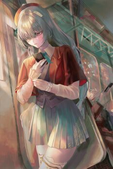 Rule 34 | 1girl, absurdres, alternate costume, bandage over one eye, black jacket, cellphone, closed mouth, commentary request, grey eyes, grey skirt, hat, highres, holding, holding phone, jacket, phone, phrolova (wuthering waves), red hat, shikuwata, skirt, smartphone, solo, thighs, train interior, wuthering waves