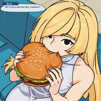 1girl absurdres bare_shoulders biting blonde_hair burger commentary couch dress eating english_commentary fingernails food gem hair_over_one_eye highres lusamine_(pokemon) nintendo pokemon pokemon_sun_and_moon sitting sleeveless sleeveless_turtleneck snoofarts solid_circle_pupils solo turtleneck upper_body white_dress