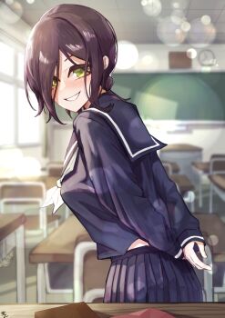 absurdres alternate_costume arms_behind_back black_hair blue_serafuku blurry blurry_background blush box breasts chainsaw_man chair chalkboard classroom clock commentary_request denji_(chainsaw_man) desk gift gift_box green_eyes highres indoors long_sleeves midriff_peek neckerchief own_hands_together pleated_skirt pov_across_table reze_(chainsaw_man) school_chair school_desk school_uniform serafuku sidelighting signature skirt small_breasts smile sunlight tare_negima valentine wall_clock white_neckerchief