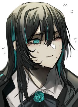 Rule 34 | 1girl, ado (utaite), black hair, blue hair, chando (ado), closed mouth, colored inner hair, commentary, gunjyou (gunjyou 00), highres, long hair, mole, mole under eye, multicolored hair, one eye closed, sidelocks, simple background, solo, sweat, symbol-only commentary, upper body, utaite, white background