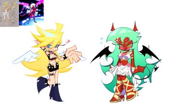 2girls abstract_background absurdres angel angel_wings angry anime_screenshot_inset armlet bare_shoulders black_armlet black_boots black_choker black_collar black_dress black_shorts black_tail black_wings blonde_hair blue_eyes blush boots bracelet breasts bridal_gauntlets bright_pupils chibi choker cleavage cleavage_cutout closed_mouth clothing_cutout collar colored_skin commentary_request cosplay costume_switch crop_top demon demon_girl demon_horns demon_tail demon_wings dress earrings embarrassed fang feathered_wings frilled_dress frilled_skirt frills full_body gladiator_sandals gloves gold_armband gold_bracelet gold_choker gold_ring gold_shoes green_eyes green_hair heart heart_ornament heart_ring high_heels highres horns jewelry long_hair looking_at_self looking_at_viewer messy_hair midriff multiple_girls navel obi open_mouth panty_&amp;_stocking_with_garterbelt panty_(psg) panty_(psg)_(cosplay) pink_tail pink_wings ray5green red_horns red_skin reference_inset reference_sheet ribbon ribbon-trimmed_skirt ribbon_trim ring sandals sash scanty_(psg) scanty_(psg)_(cosplay) screenshot_inset shoes short_shorts shorts simple_background skirt sleeveless sleeveless_dress smile spiked_armlet spiked_bracelet spiked_choker spiked_collar spiked_legwear spiked_shoes spiked_shorts spikes standing sweat sweatdrop swept_bangs tail tank_top very_long_hair white_background white_bridal_gauntlets white_dress white_gloves white_pupils white_ribbon white_sash white_skirt white_tank_top white_wings winged_shoes wings yellow_eyes