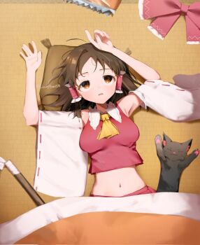 1girl :3 armpits ascot bare_shoulders blush bow breasts brown_eyes brown_hair cat closed_eyes commentary_request gohei hair_tubes hakurei_reimu highres kaenbyou_rin kaenbyou_rin_(cat) kotatsu loveplum0510 lying medium_breasts medium_hair midriff navel on_back parted_lips pillow red_bow red_shirt red_skirt shirt skirt sleeveless sleeveless_shirt table tatami touhou under_covers yellow_ascot