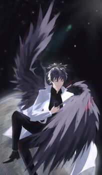 1boy black_eyes black_hair black_shirt black_wings coat collared_shirt emosunfish feathered_wings full_body halo highres holding holding_phone kim_dokja omniscient_reader&#039;s_viewpoint open_clothes open_coat orb phone popped_collar shirt short_hair sitting sky smile solo space spiked_halo star_(sky) starry_sky too_many_papers twisted_torso white_coat wings