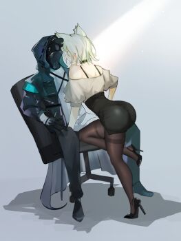 1girl 1other absurdres alternate_costume ambiguous_gender animal_ear_fluff animal_ears arknights arm_support ass back bare_shoulders between_legs black_coat black_collar black_footwear black_gloves black_hood black_pants black_pantyhose black_shorts blush bra_strap cat_ears cat_girl chair chest_strap closed_eyes coat collar criss-cross_straps doctor_(arknights) facing_another from_side full_body gloves green_hair grey_background high-waist_shorts high_heels highres hood hood_up hooded_coat imminent_kiss invisible_floor kal'tsit_(arknights) knees layton_(sanlayton) leaning leaning_on_person leg_up legs light_particles light_rays long_shirt long_sleeves nervous off-shoulder_shirt off_shoulder office_chair on_chair open_clothes open_coat pants pantyhose pocket profile puckered_lips puffy_long_sleeves puffy_short_sleeves puffy_sleeves pump shadow shirt shoes short_hair short_shorts short_sleeves shorts sitting spread_fingers spread_legs standing standing_on_one_leg sweatdrop swivel_chair thighs white_shirt